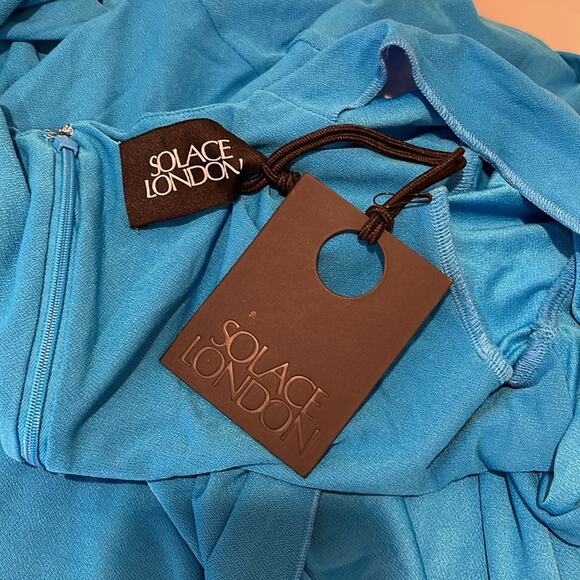 SOLACE LONDON Lorena Draped Deep V Neck Azure Blue Midi Dress Size 4 - Picture 8 of 9
